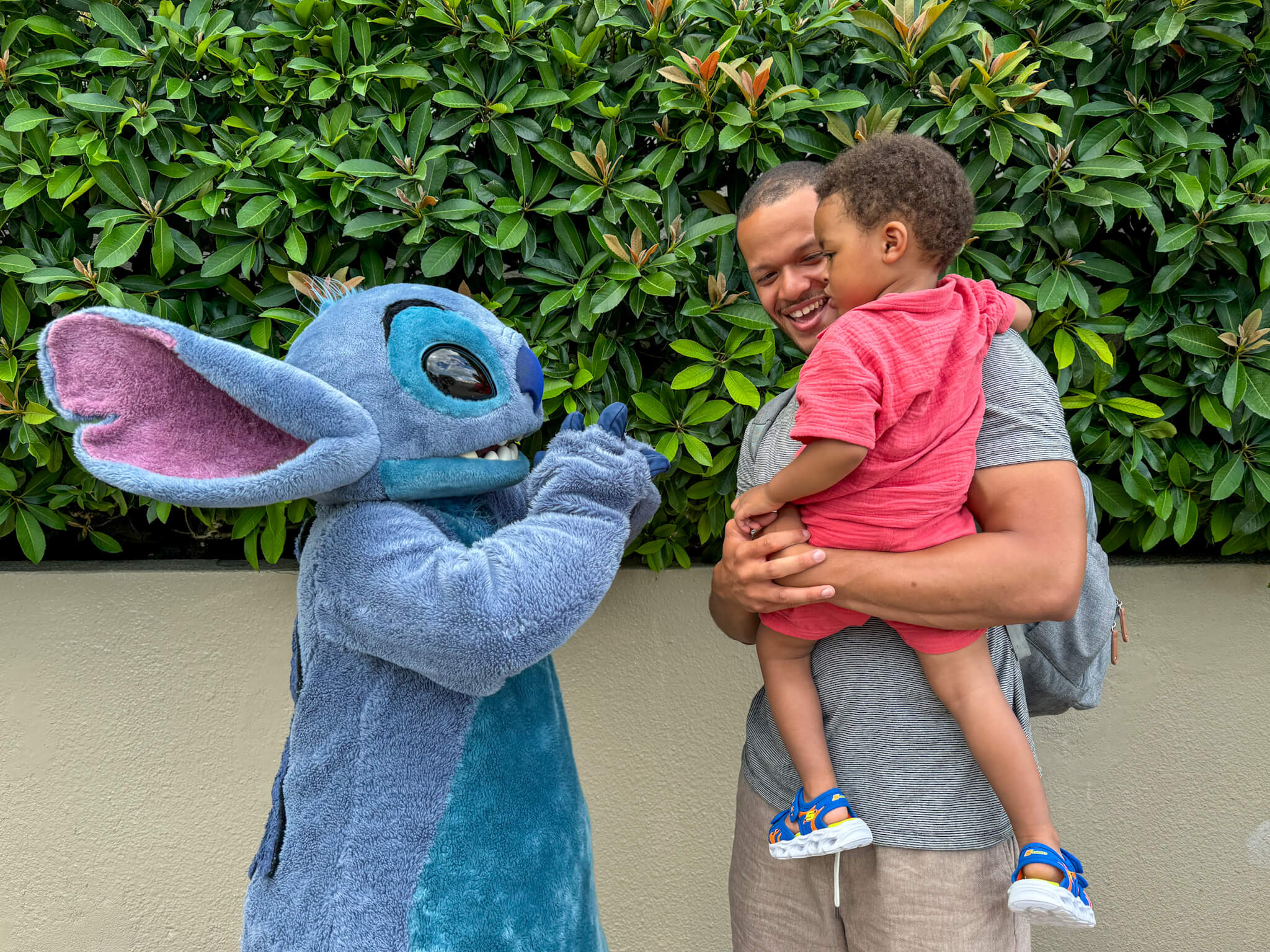 A smiling father holds a 1 year old child in front of a leafy hedge while Stitch from Disney greets them with an outstretched hand. The child wears a bright pink outfit and blue sandals. One of the many heartwarming experiences to have at Disney World with a 1 Year Old.